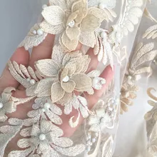 Люкс 3D жемчужный вышитый бисером цветок вышивка кружевной ткани в Шампань по двору, от кутюр свадебное платье ткань