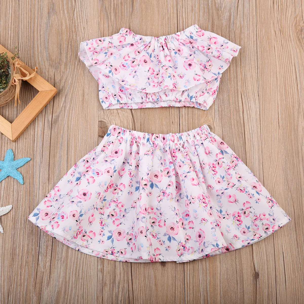 2PCS Summer Newborn Infant Baby Girl Chiffon Outfits Floral Crop Tops