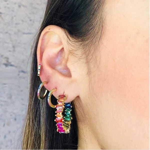 

Gold filled fashion women lady jewelry baguette cz full stone band hoop rainbow cubic zirconia luxury trendy hoop earring