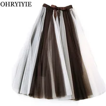 OHRYIYIE/весна-лето, длинная фатиновая юбка контрастного цвета для взрослых, Женская плиссированная юбка макси, Женская Лоскутная богемная юбка для девушек