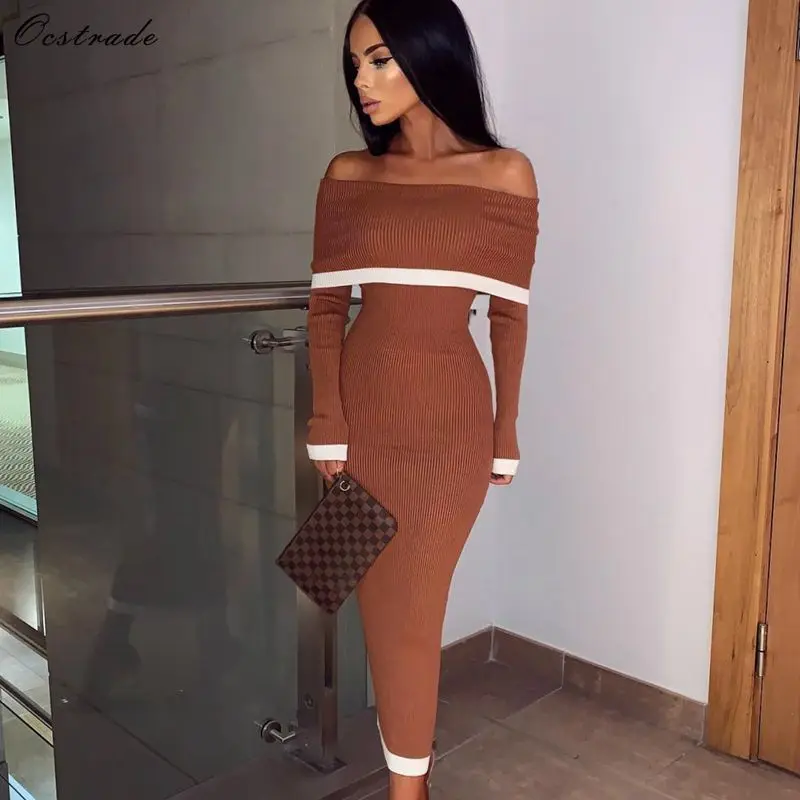 brown long sleeve bodycon dress