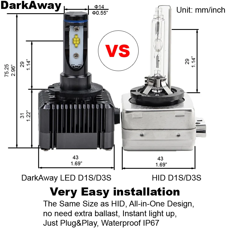 DarkAway D1S светодиодный фонарь, лучшая автомобильная фара D1R D3S D3R, 72 Вт, 8000 лм, такой же размер, как и D1/D3, Оригинальная лампа Plug Play, белый, 6000 K, IP67