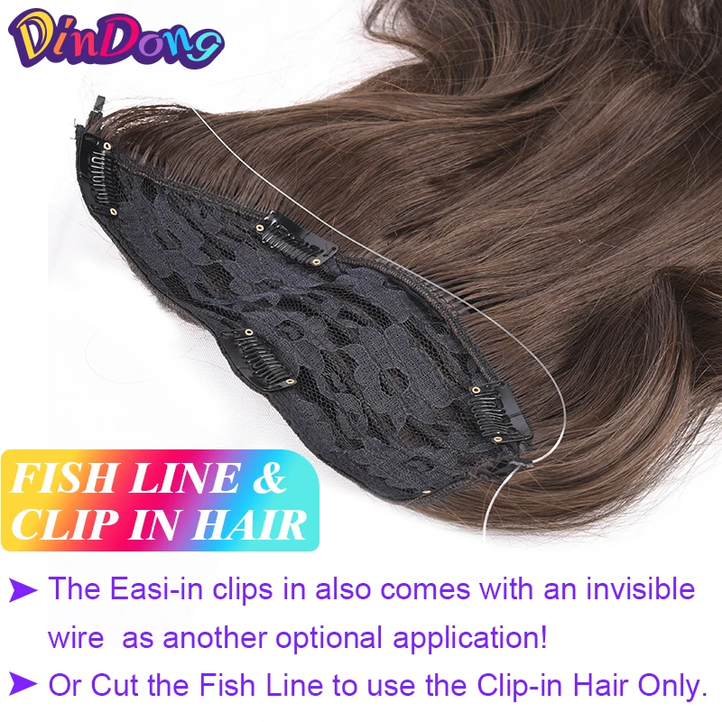 DinDong 18 inch Invisible Wire Hair Extensions Synthetic Wavy 3 Pieces Fish Line Clips in Hair Extensions Natural Hair Clips