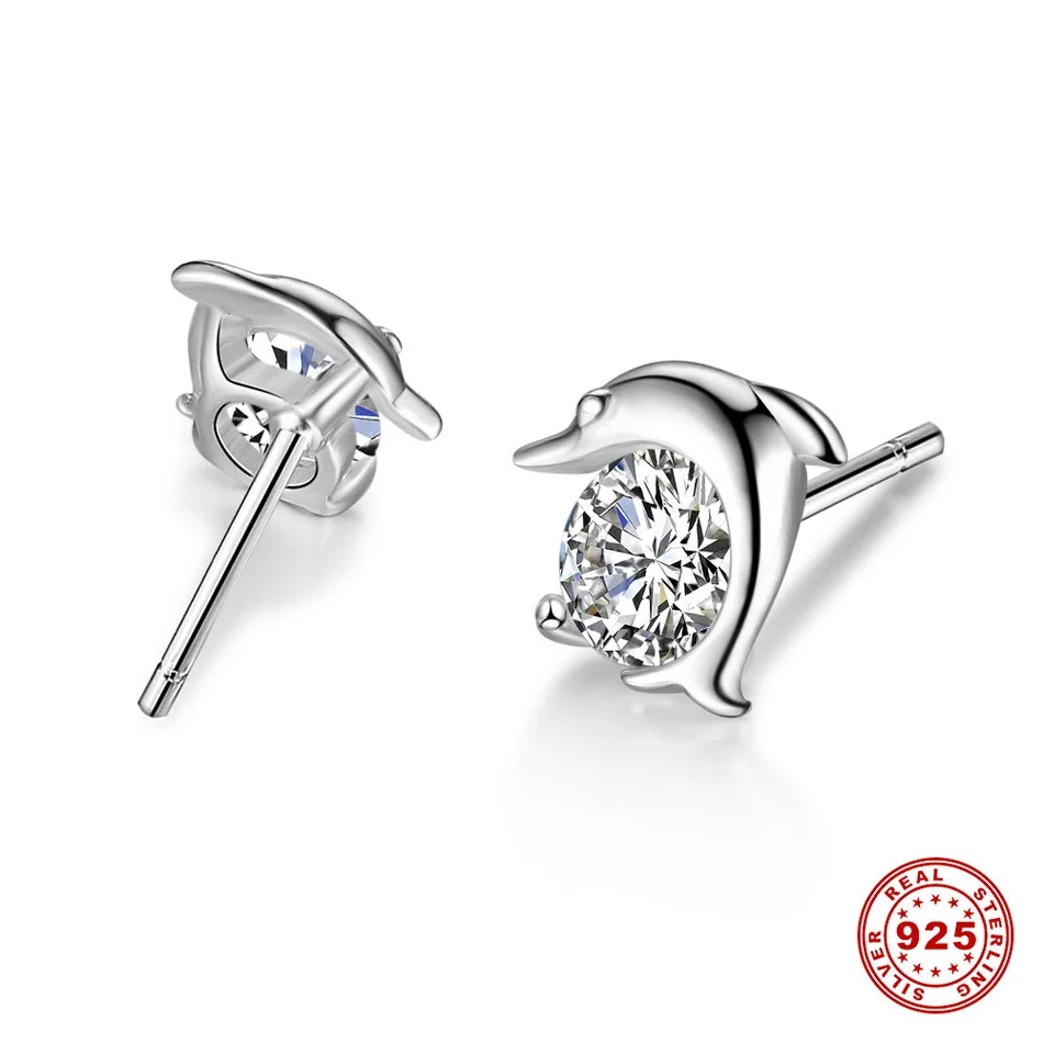 4Virgooer 925 Sterling Silver Earrings Fashion Small Cute Animal Whale Ear Jewelry Crystal Sliver Color Wedding Party Popular Gift Earring For Women