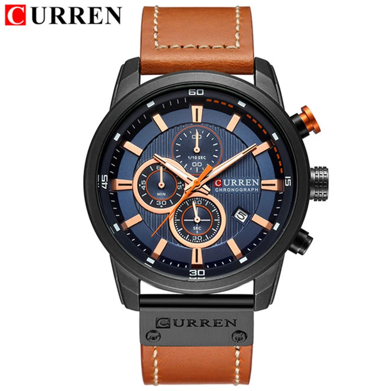 Мужские часы от роскошного бренда CURREN, мужские спортивные часы с хронографом, кожаные кварцевые наручные часы Relogio Masculin, армейские военные часы - Цвет: Brown Blue Black