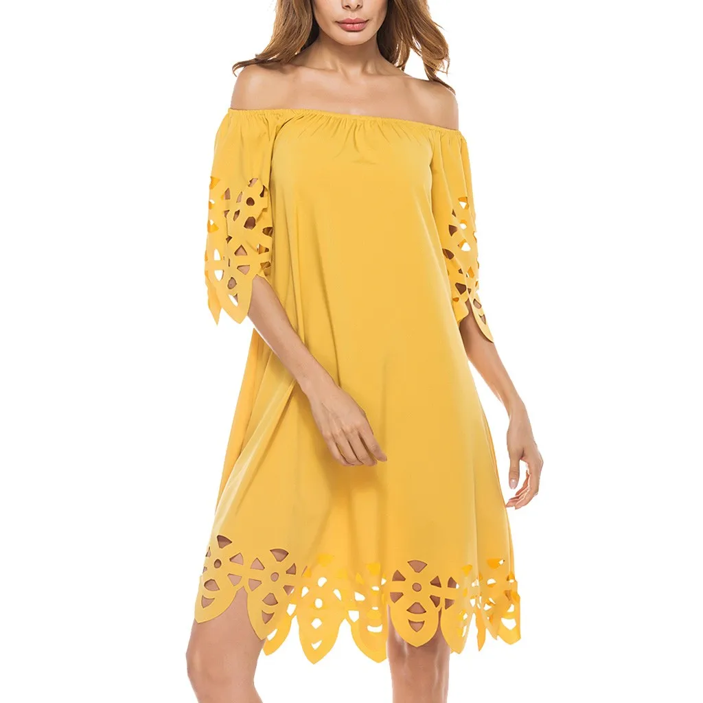 

Vestido Boho Hippie See Through Dress 2019 Womens Multicolor Hollow Dress Off Shoulder Collar Stitching белый сарафан Z4