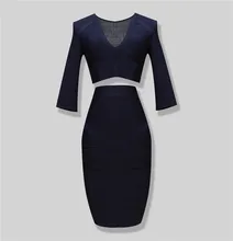 Free Shipping 2016 New Style Women Royal Blue 2 Piece Bandage Dress Long Sleeve Rayon