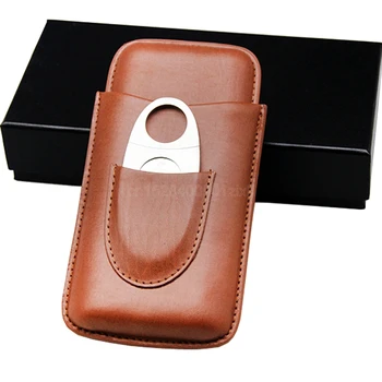 

COHIBA Luxury Pattern Real Leather Cigar Case Holder 3 Tubes Mini Travel Humidor With Stainless Steel Cutter