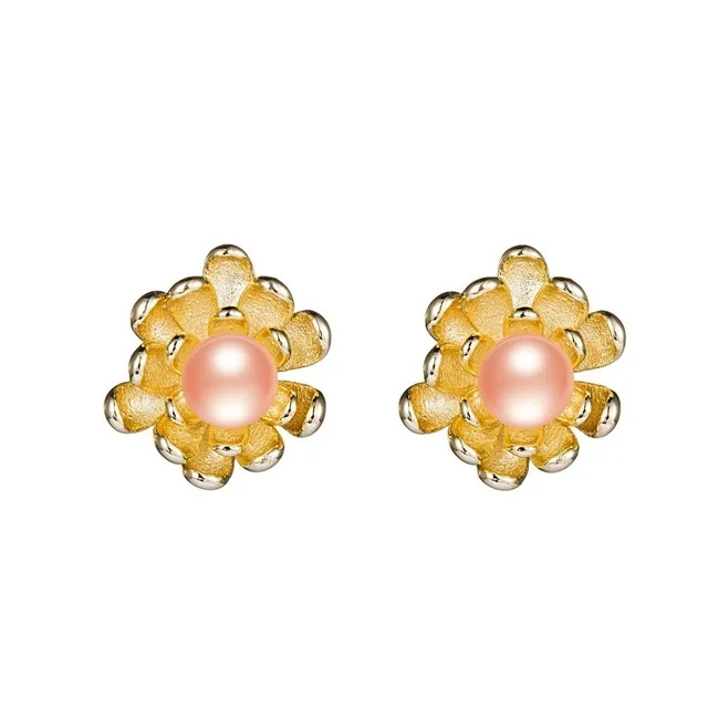 Женские золотые серьги в форме хризантемы, 4-5 мм натуральный жемчуг серьги, модные серебряные ювелирные изделия с подарочной коробкой, маленькие и изысканные ювелирные изделия - Цвет камня: Розовый