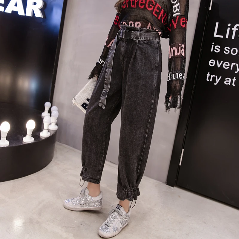 Cintura Mujer De Harem Mujeres Otoño 2018 Casual Streetwear Novio Las Pantalones Negro Elástico Mezclilla Alta Celebridad Vaqueros Abrigo nZpwRYHq1