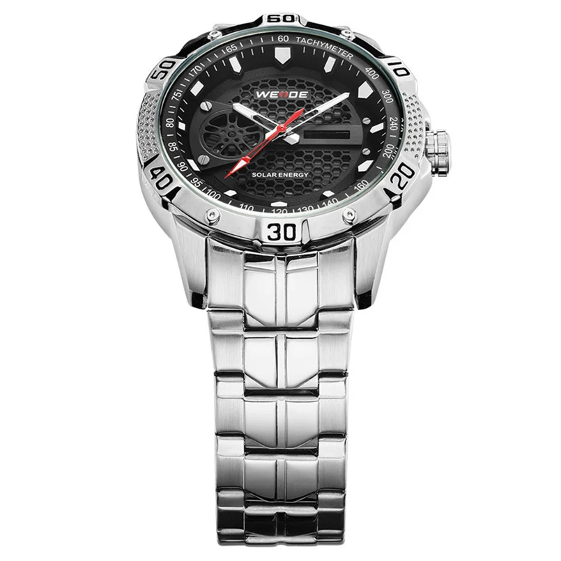 WEIDE Multifunction Men Sport Watch Solar Energy Date Quartz Digital Calendar Waterproof Stainless Steel Band  Wristwatch Clock 