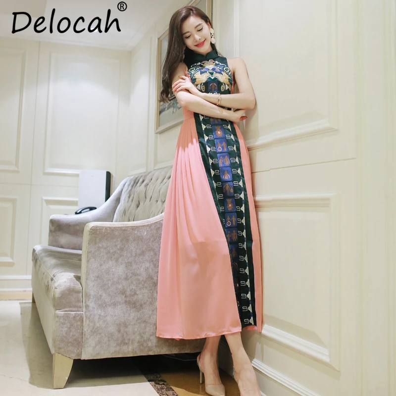 

Delocah New Women Summer Dresses Runway Fashion Sleeveless Off Shoulder Geometric Embroidery High Waist Vintage Midi Dresses