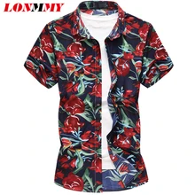 LONMMY плюс размер 6XL мужские рубашки короткий рукав цветы camisas Повседневная мужская одежда платья рубашки цветочные моды Новинка