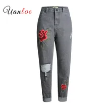 Женские с высокой талией джинсы с вышивкой BF Свободные винтажные рваные брюки бойфренд стиль женские джинсовые брюки Mujer уличная