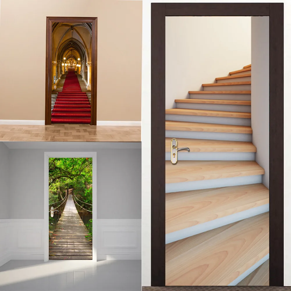 

2pc/set 3D Waterproof Simulation Stairs Pattern Door Stickers Creative Decorative PVC Mural Film Self-adhesive Door Sticker