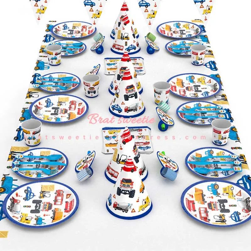 

Construction Cars Party Disposable Tableware Plate Tablecloth Cup Excavator Balloon Digger Birthday Party Supplies Decorations