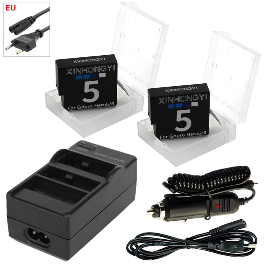 

2x Hero5 battery AHDBT-501 Go pro hero7 Battery + EU cable Dual Car Charger kit for GoPro Hero5 hero6 hero 7 Action camera