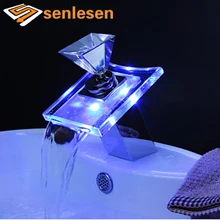 Wholesale And Retail Free Shipping LED Waterfall Spout Bathroom Basin Faucet Chrome Brass Glass Vanity Sink Mixer Tap