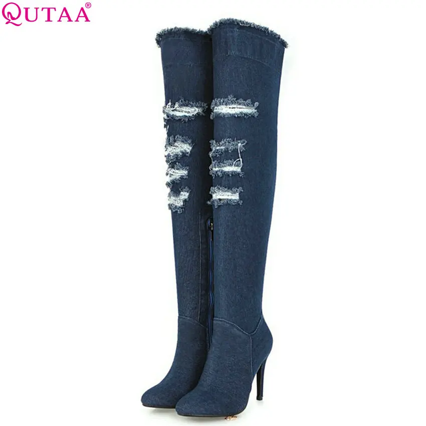 

QUTAA 2019 Women Over The Knee High Boots Platform Thin High Heel Denim All Match Pointed Toe Woman Boots Big Size 34-43