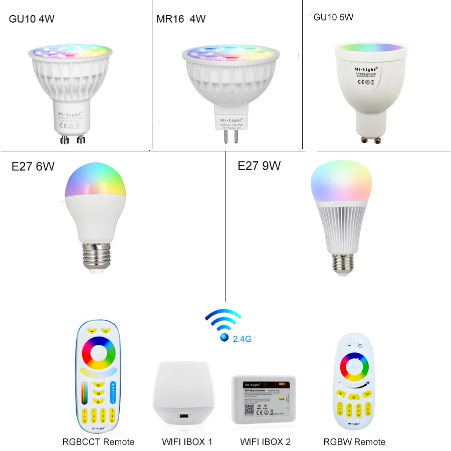 Ми свет с регулируемой яркостью светодиодные лампы 4 Вт 5 Вт 6 Вт 9 Вт E27 MR16 GU10 RGBW rgbww светодиодные Лампы для мотоциклов беспроводной Wi-Fi контроллер коробки 2.4 г РФ Пульт дистанционного управления