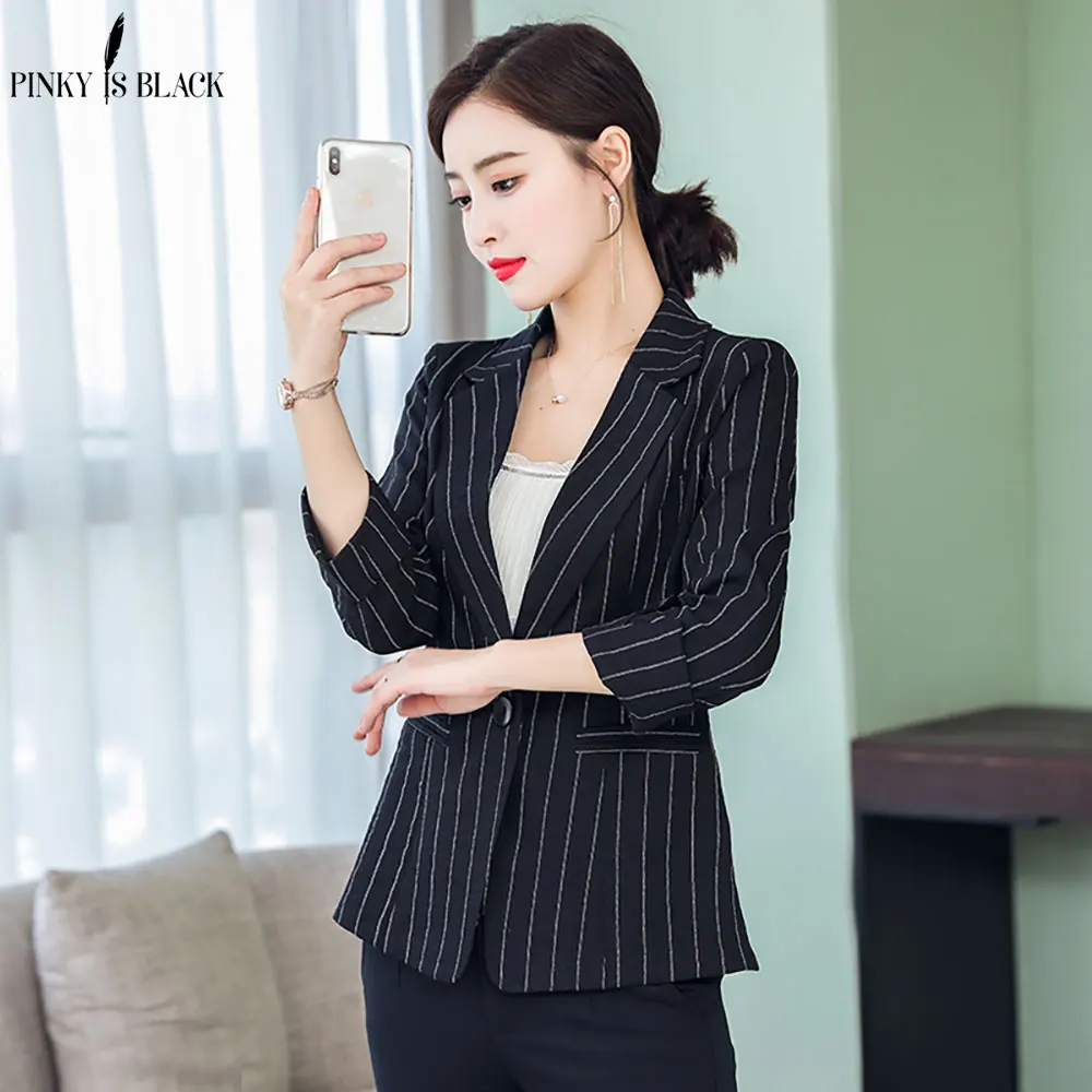 PinkyIsBlack Casual Blazers Spring Striped Slim Fit Women Formal Jackets Office Work Single Button Notched Ladies Blazer Coat