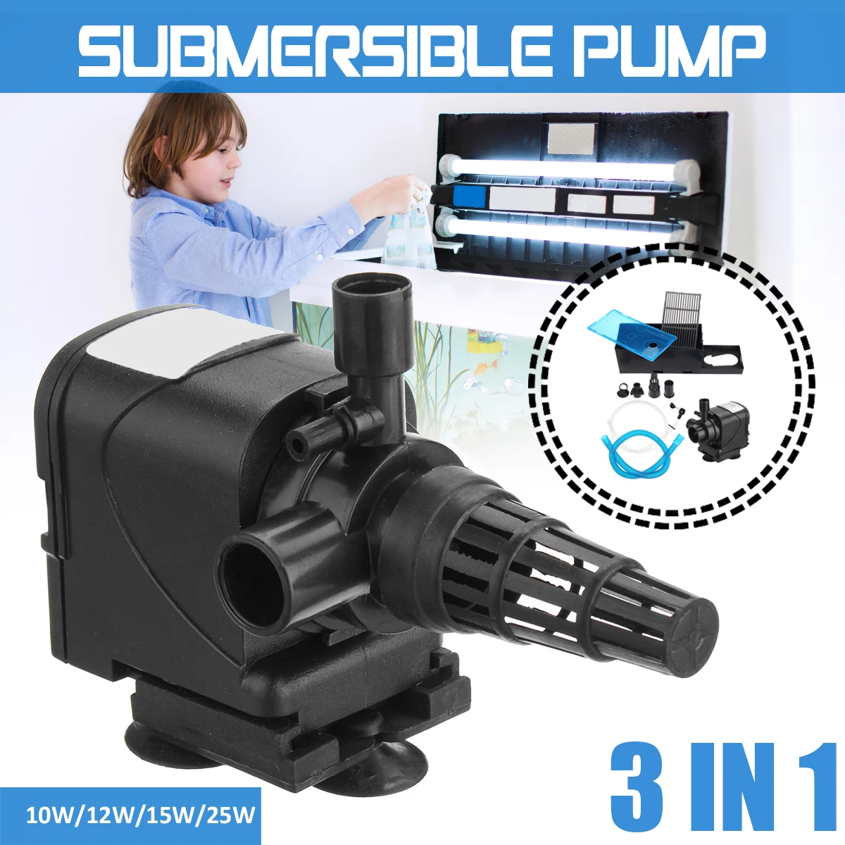 10/12/15/25W Ultra Quiet Water Submersible Pump Filter Fish Pond