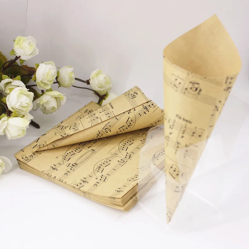 

100pcs Creative Brown Musical Notes Kraft Paper Flower Cones Candy Boxes Ice Cream Cones Party Gift Box Wedding Favors Decor