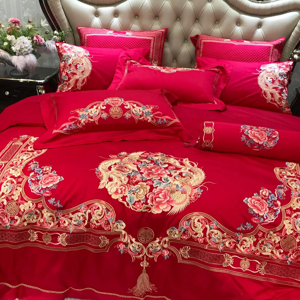 Waliicorners Egyptian Cotton Luxury Embroidery Red Wedding Bedding set Duvet cover Bed Sheets,Silky Ultra soft Queen King size 4/6/9- 34 IMG_1180