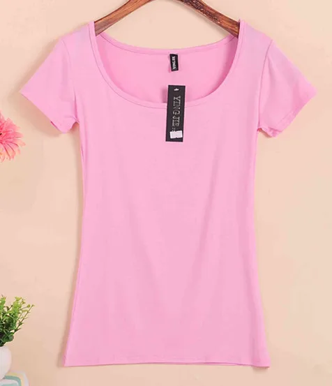 Лето модные яркие цвета женские футболки мягкая женская пижама квадратный воротник Топы футболки дешевые женские футболки 17 цветов - Цвет: pink