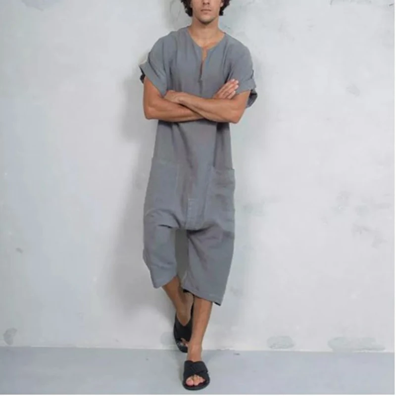 Laamei 2019 Fashion Cotton Men Pants Cotton Vintage Jumpsuit Leisure Loose Pocket Trouser Men Overalls Muslim Islamic Cross-pant