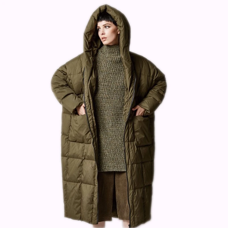 Koop Nieuwe Mode Winter 2019 Vrouwen Casual Losse Cocon Jas Dikke Lange Hooded Duck Down Jacket Warm Uitloper Plus Size 7XL warme Jas