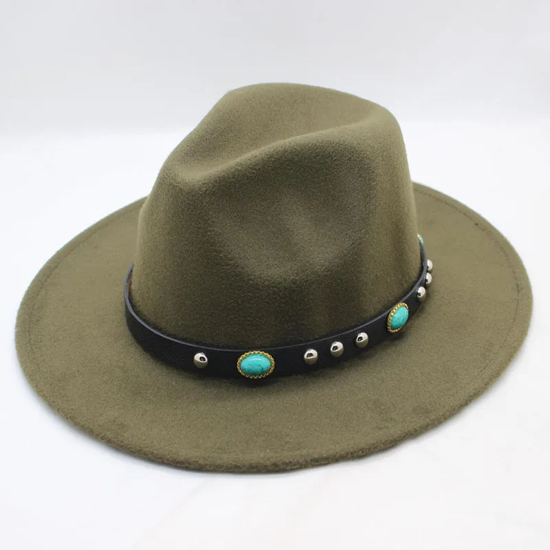SUOGRY осень-зима широкополая Федора Для мужчин коричневый Джаз плоским шляпа фетровая Кепки шляпа котелок шерсть Шапки для женщин еврейского Hat - Цвет: ArmyGreen