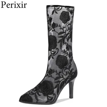 

2019 New Spring Autumn Sexy High Heel Shoes Women Perforated Embroidery Net Boots Lace Wedding Dancing Nightclub Booties Shoes