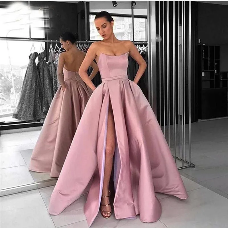 Blush Pink Simple Prom Dress Strapless A-line Satin Front Split Robe De Soiree Custom Made Special Occasion Party Gowns Cheap | Свадьбы и
