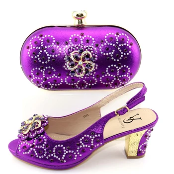 

New arrival purple rhinestones sandal shoes and bag matching set new fashion italian shoes and bag matching set 2019 SB8393-4
