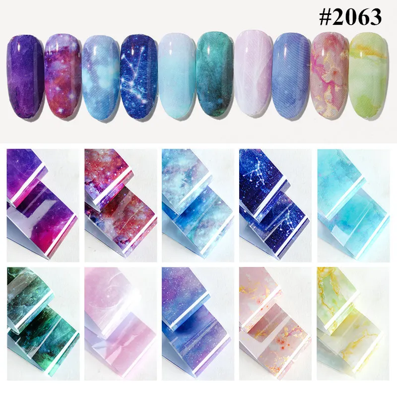 10 colors Water Marble Effect Nail Foil Paper Fantasy Rainbow Starry Sky Transfer Foil Nail Art Sticker Manicure Decorations - Цвет: 10colors set 2063