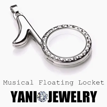 

5pcs/lot YANI jewelry Locket 4 Colors Musical Note Locket with Rhinestone Floating Locket with Chain
