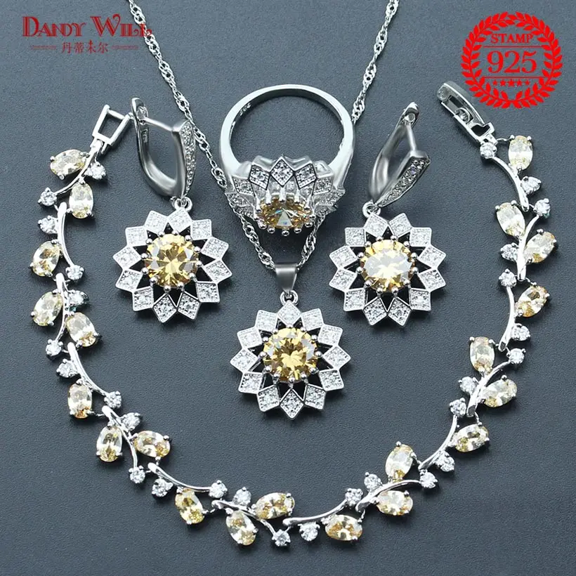 Champagne Zircon Bridal 925 Sterling Silver Jewelry Sets Earrings For Women Wedding Necklaces &amp Pendants Rings Bracelet | Украшения и