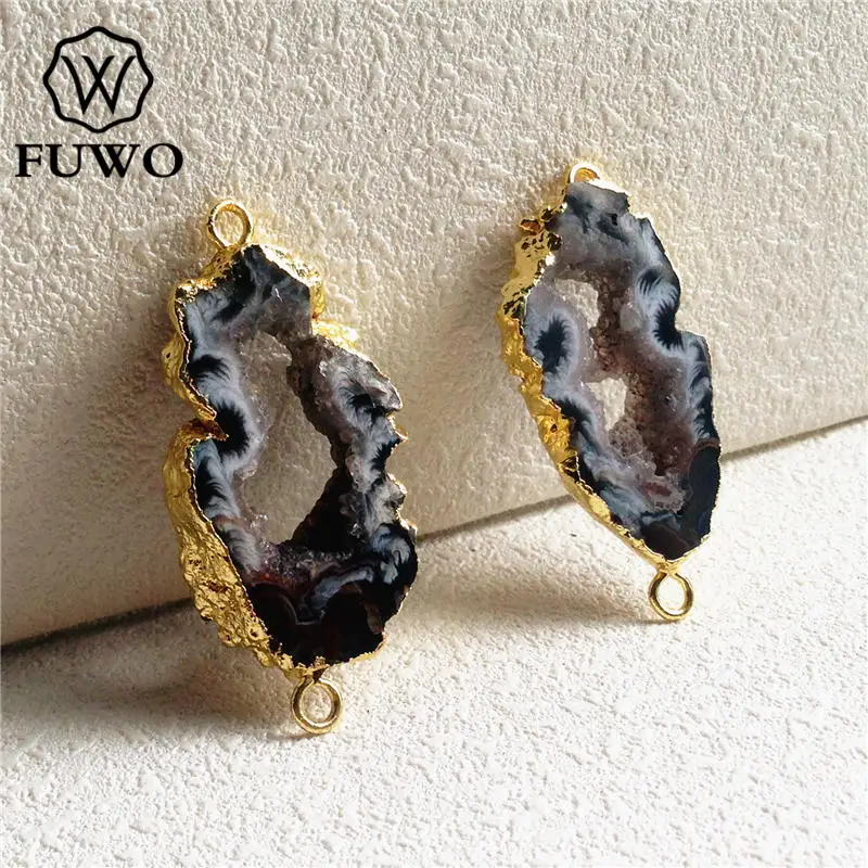 FUWO фрагмент жеоды Connector 24k Gold Electroplate Edge Black Gray друзовый кварц двойные подвески
