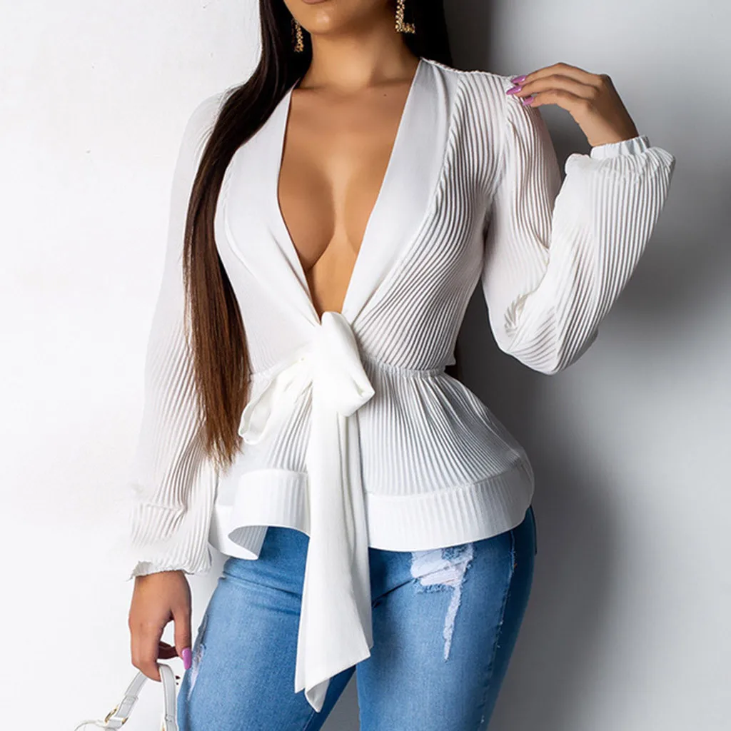 

Ruched Pleated Ruffles Blusa Sashes Vintage Grace Women Shirts Tops 2019 Spring Autumn New Fashion Elegant Deep V-Neck Shirt