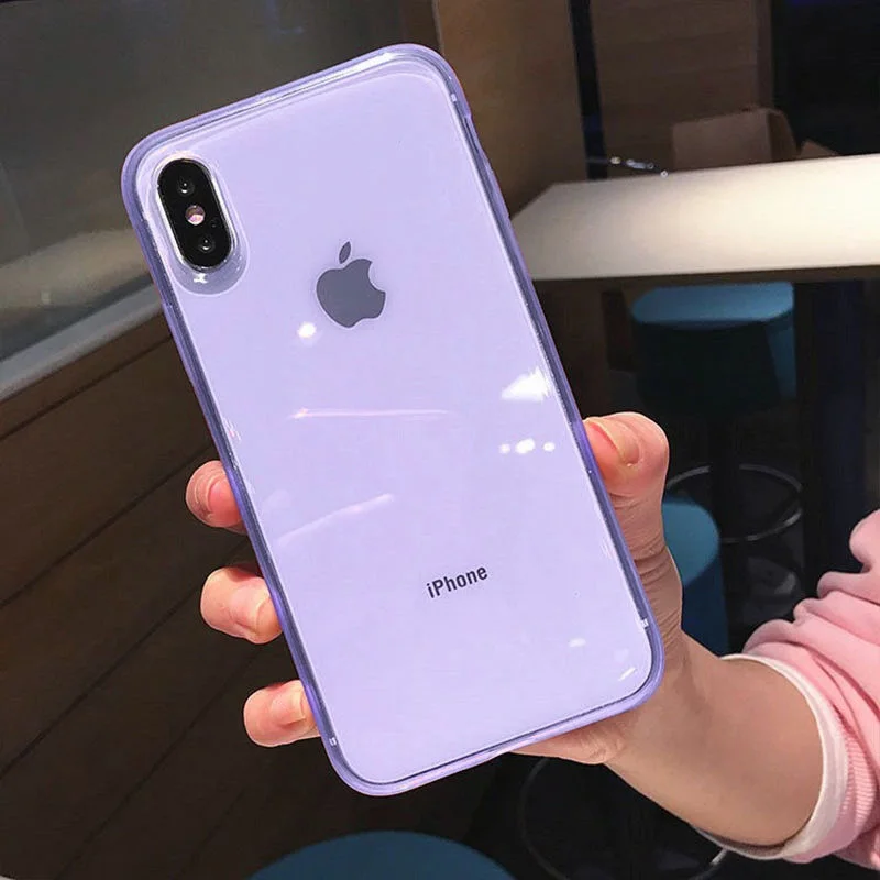 Модный цветной прозрачный противоударный чехол для телефона iPhone 11 X XR XS Max 8 7 6 6S Plus, Мягкий защитный чехол из ТПУ - Цвет: Purple