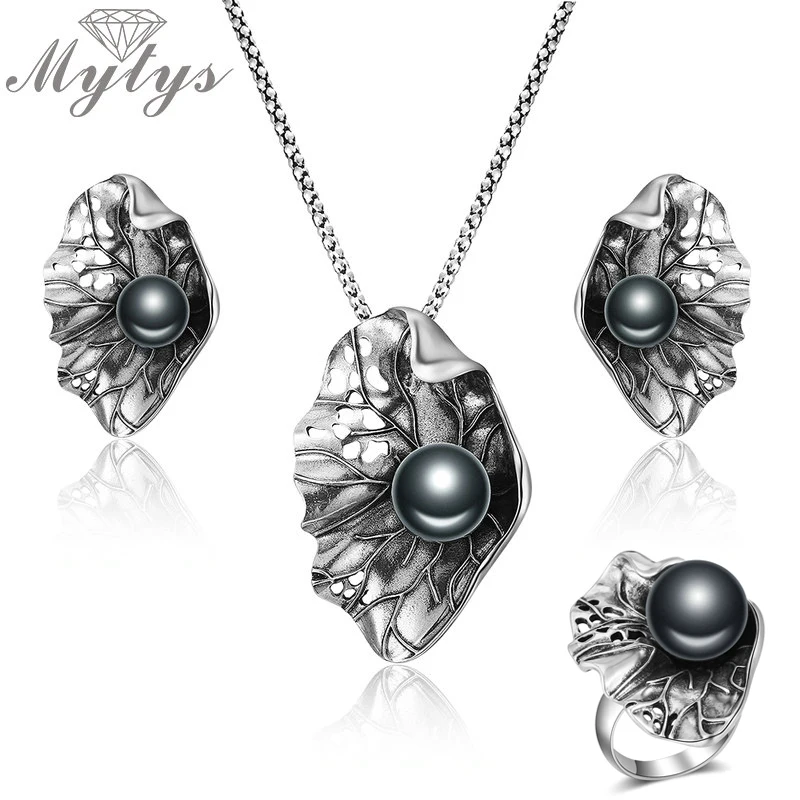Mytys Hohe Qualität Antiken Schwarz Perle Auf Blatt Schmuck Sets für Frauen Retro Punk Tibetischen Silber Sets Big Ohrringe Ring halskette|Schmucksets| - AliExpress
