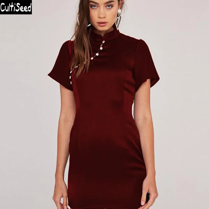 

Cultiseed Women Summer Dress 2019 Female Vintage Chinese Style Button Slim Hip Party Dress Ladies Short Sleeve Satin Dresses