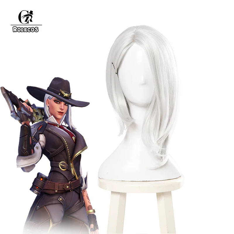 

ROLECOS Over Game Watch Ashe Cosplay Hair OW Synthetic Hair Ashe Cosplay Headwear 35cm Silvery Short Hair for Women