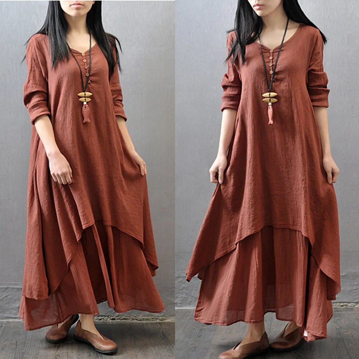 

USA Women Peasant Ethnic Boho Cotton Linen Long Sleeve Maxi Dress Gypsy Dresses Casual V Neck Button Irregular Long Dress