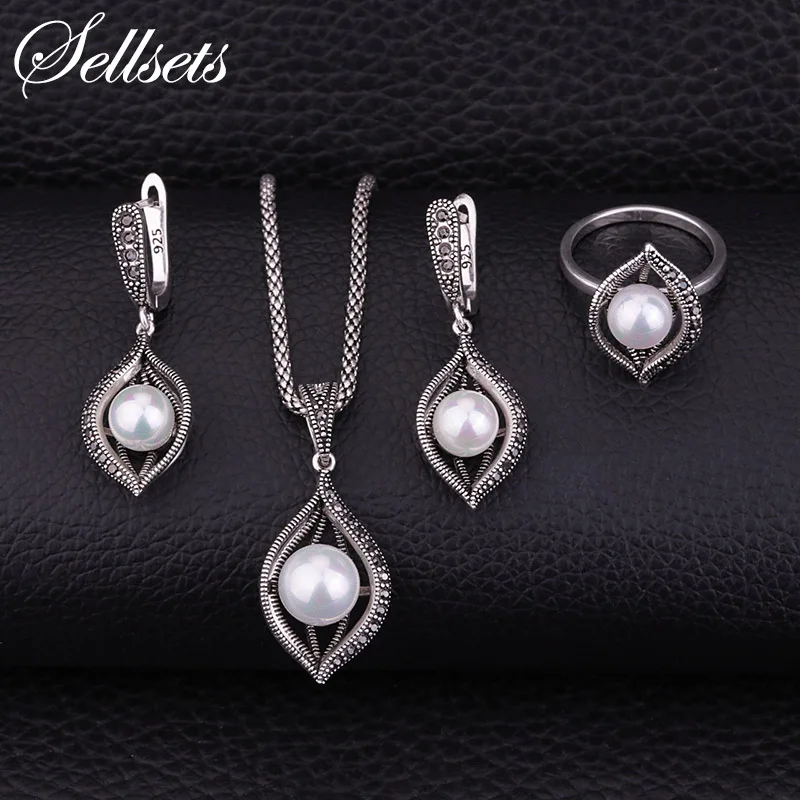 

Sellsets Silver Color Eye Shape Central Imitation Pearl Jewlery Set For Wedding Necklace Earrings Ring Sets