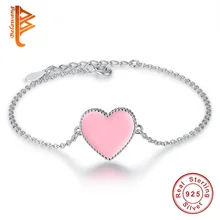 День Святого Валентина 925 пробы Серебряный браслет& браслет розовое эмалированное Сердце Браслеты для женщин регулируемые звенья цепи браслеты