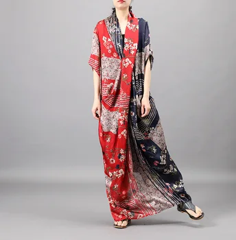 

Women Silk Printed Stitching Loose Personality Dress + Suspender Two-piece Set Lady Vintage Ankle-length Dresses XL-01