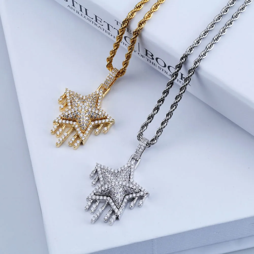 Najtaniej TOPGRILLZ męskie kobiety Iced Out Cubic cyrkon Bling Drip Star naszyjnik i wisiorek złoty kolor srebrny Hip Hop biżuteria łańcuch tenisowy