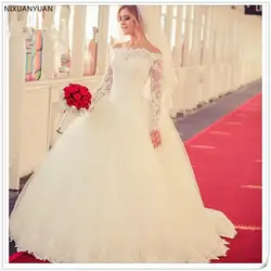 Robes De Mariage 2019 принцесса с длинным рукавом свадебное платье белая аппликация из Кружева Тюль бальные платья Винтаж свадебное платье